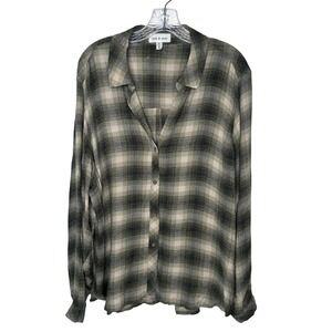 Anthropologie Cloth & Stone Plaid Button Down Shirt Long Sleeve Green 2X